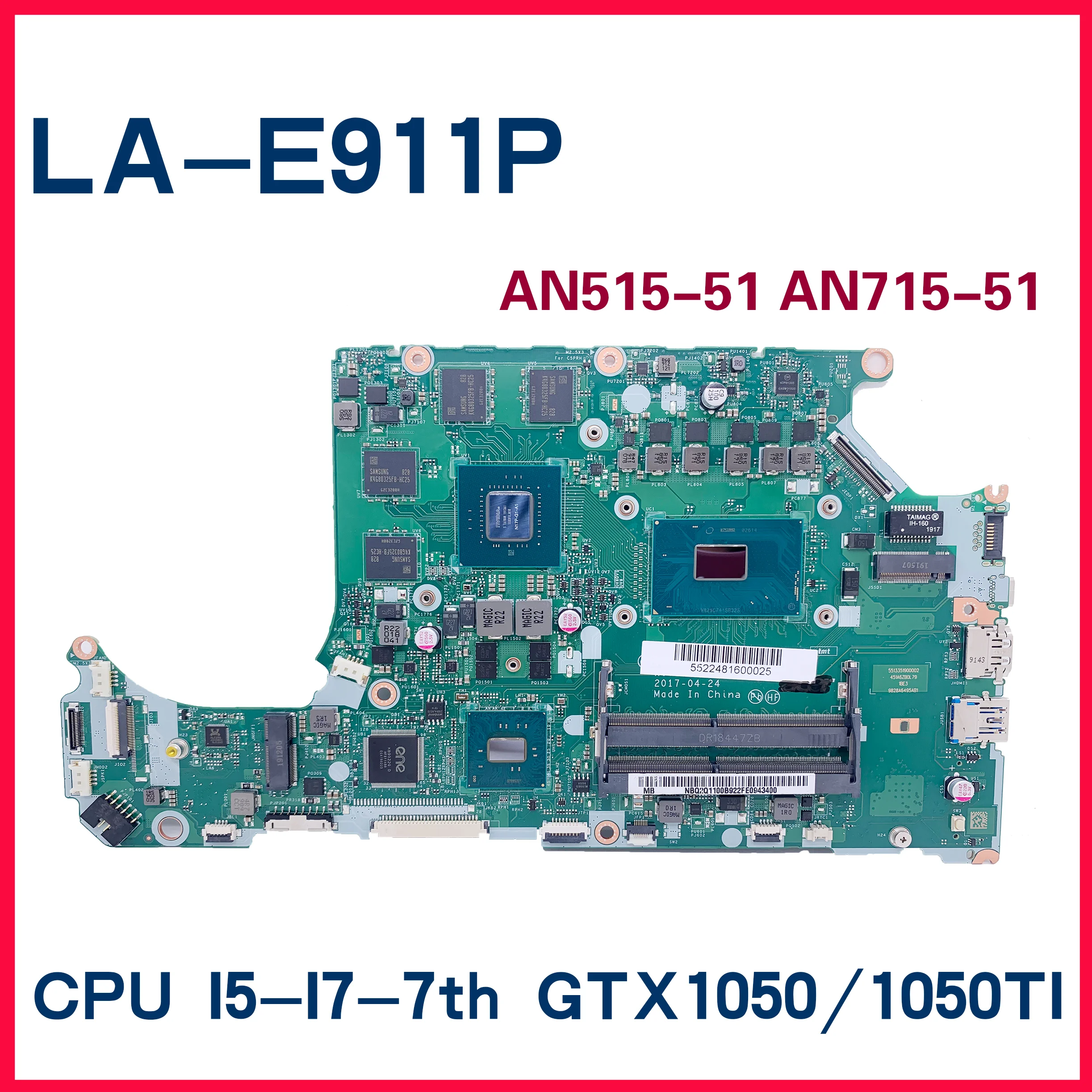

LA-E911P Motherboard For ACER Aspire AN515-51 A715-71G Laptop Mainboard With I5-7300HQ I7-7700HQ GTX1050 GTX1050TI 100% Test OK