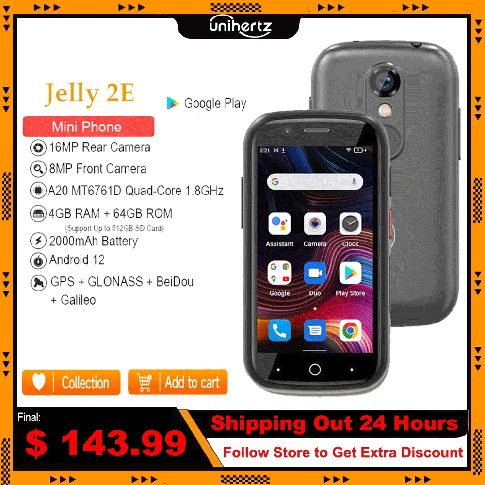 Unihertz Jelly 2E Super Mini Smartphone Android 12 Unlocked 4GB 64GB Mobile Phone 2000mAh 16MP 4g Cellphones