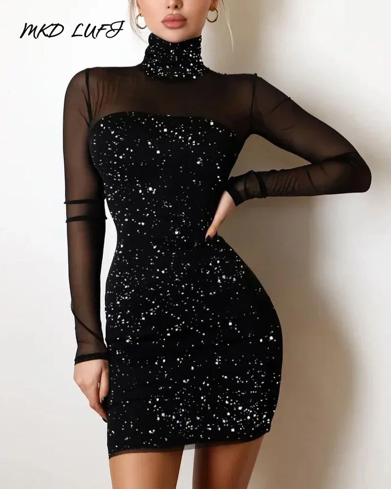 

MKDLUFI блестящее облегающее вечернее платье с высокой горловиной и контрастной сеткой