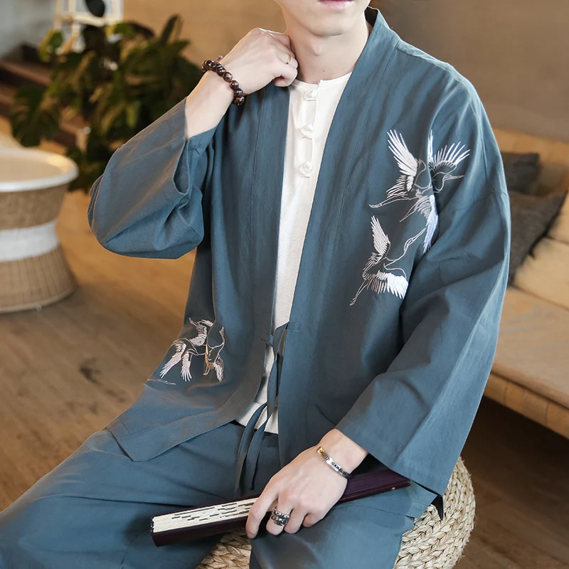 

Traditional Japanese Style Fashion Men Retro Cardigan Samurai Kimono Haori Japan Warrior Yukata Obi Asian Coat Adult Clothing