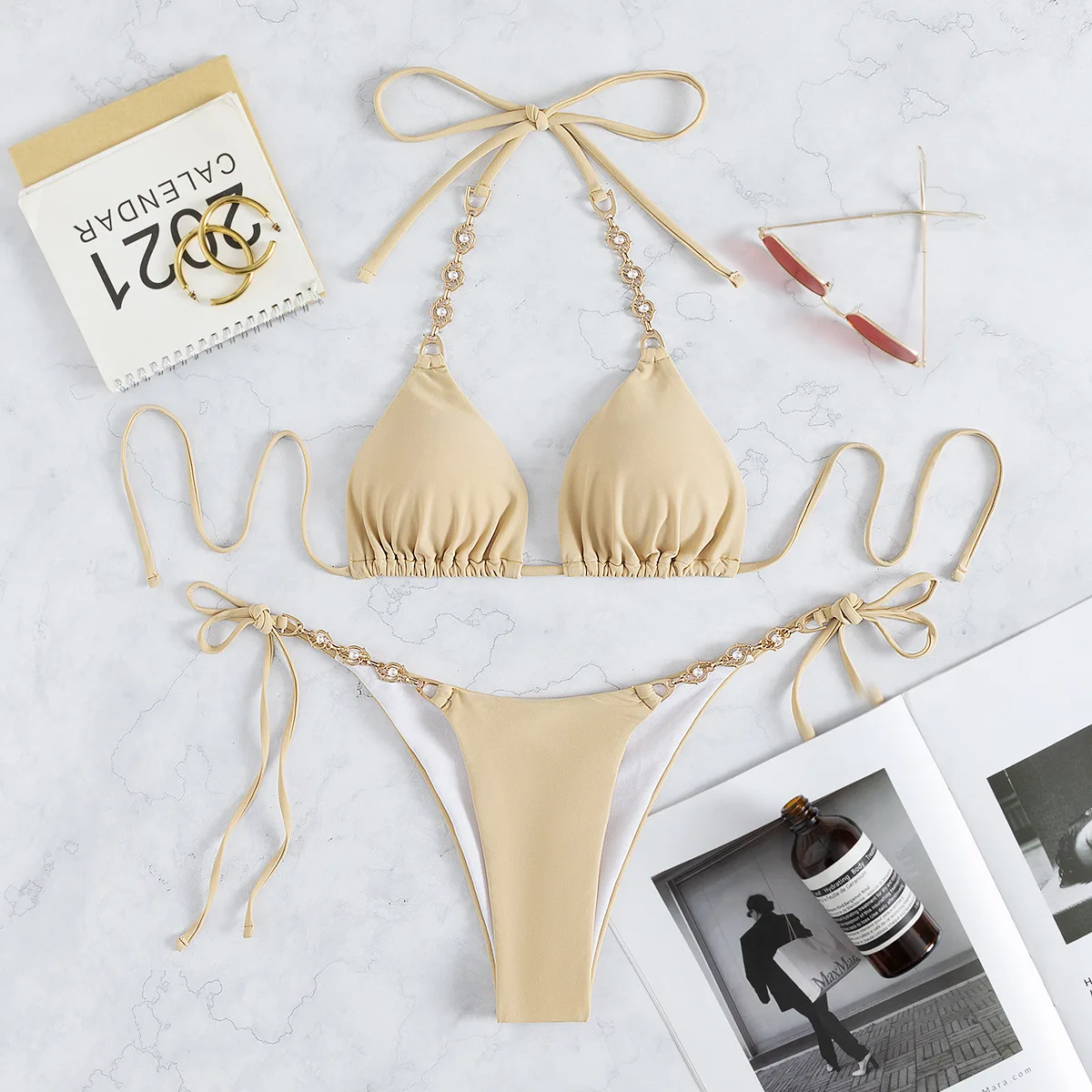 

2022 Summer New Sexy Swimwear Ladies Beachwear Backless Bikini Suit Seaside Clothing Bikini Solid Color Swimsuit Split Pearl XXL