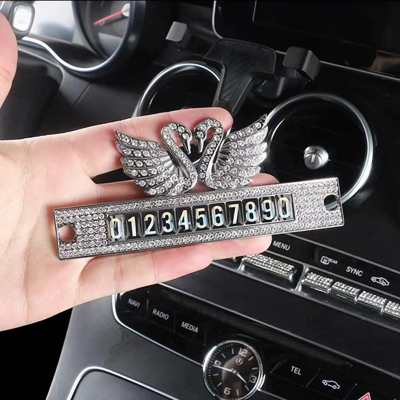 

Vehicle Diamond Crystal Swan Hideable Temporary Car Parking Card Phone Number Plate Car Telephone Number Card Rhinestones