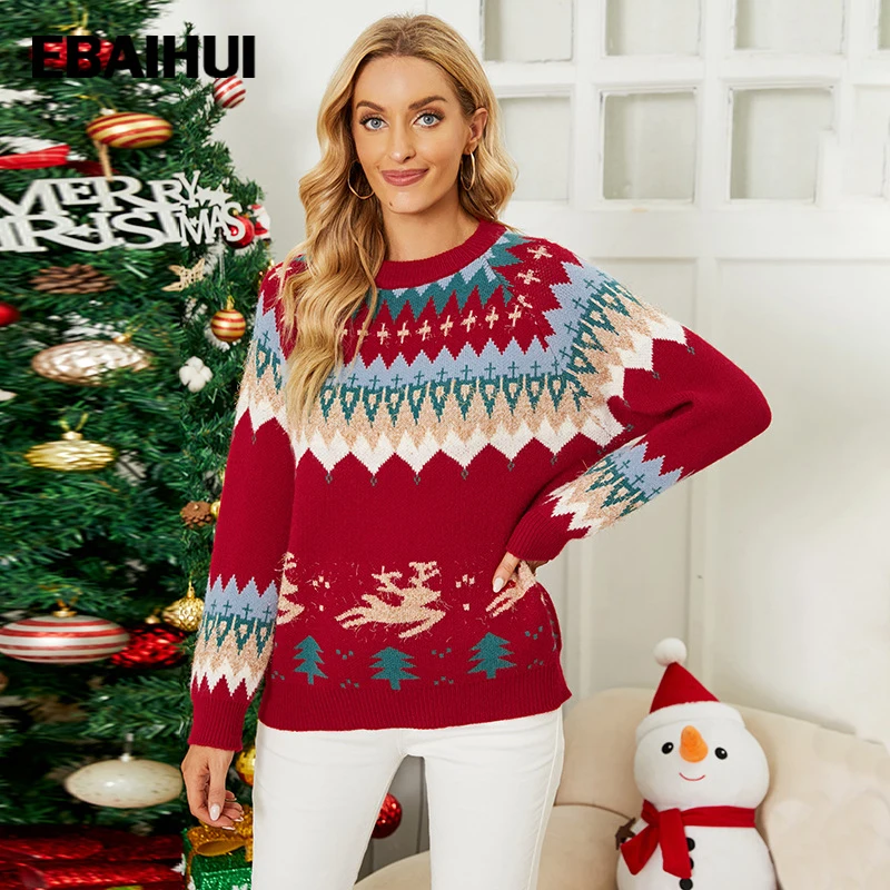 

EBAIHUI Рождественские свитера для женщин высокое качество жаккардовый олень вязаный пуловер элегантный длинный рукав трикотаж Свитшот зима