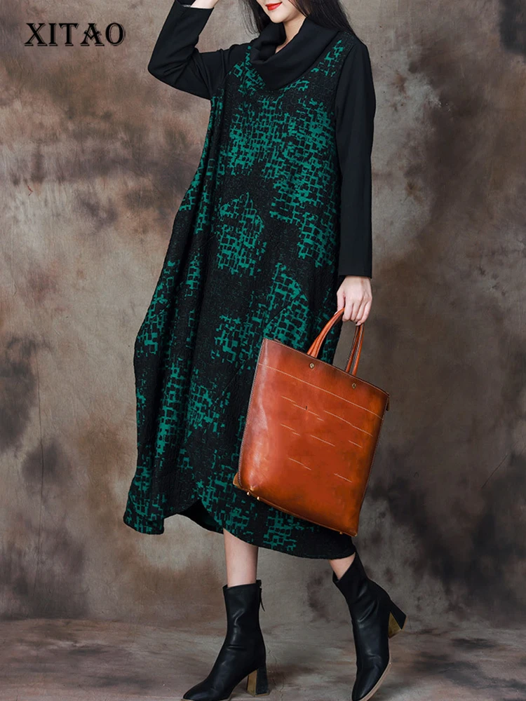 

XITAO, свободное платье с длинным рукавом и принтом, повседневное, модное, винтажное, необычное, тонкое, 2023, Осеннее, женское, новое, пуловер, платье LYD1178