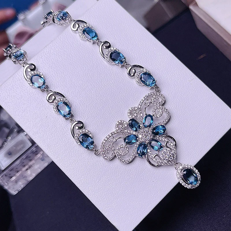 

Dark Blue Topaz Necklace for Party Total 15.2ct Natural London Blue Topaz 925 Silver Necklace Gold Plating Topaz Wedding Jewelry