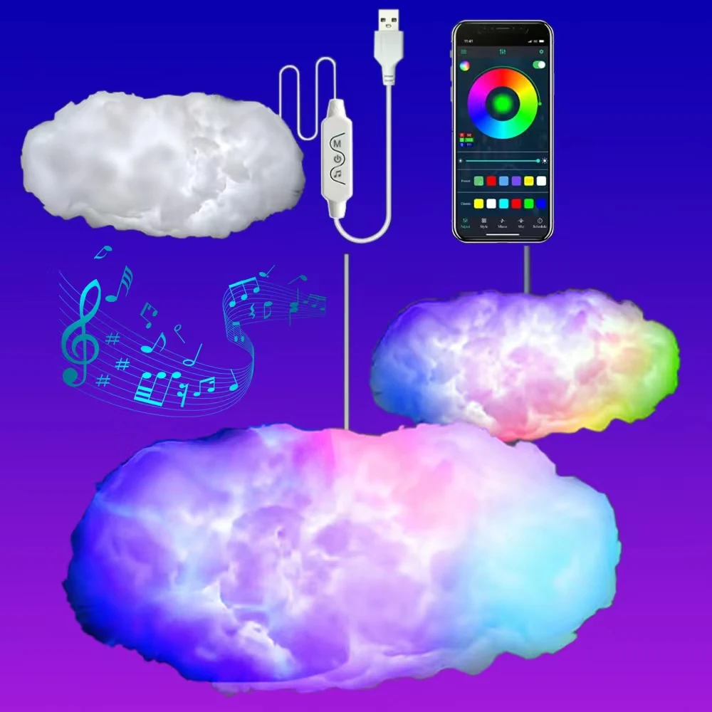 3D Cloud Light Kit Music Sync Warm White Multicolor Lightning Changing Strip 360° Wireless Remote App For Kids Bedroom Decor