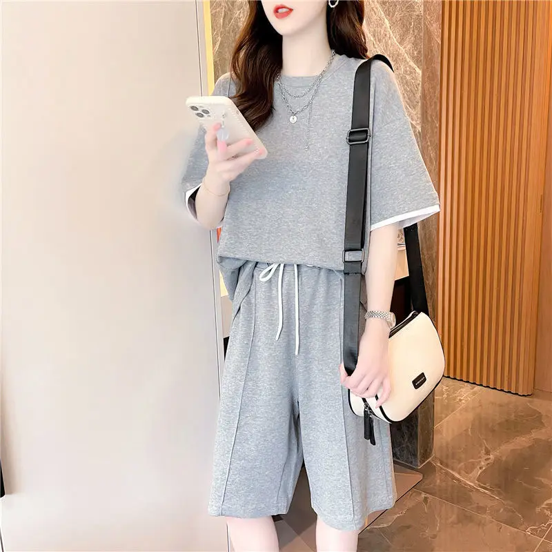 

Casual Tracksuit Women Summer 2023 Fashion Two Piece Set Short Sleeve Tops and High Waisted Wide Leg Shorts Sport Suit E193