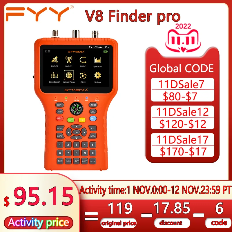 

GTMEDIA V8 Finder Pro Satellite TV Receiver DVB-S2X/T2/C Satellite Signal Finder MPEG-2/4 H.265 Decoding 4.3Inch HD LCD Screen