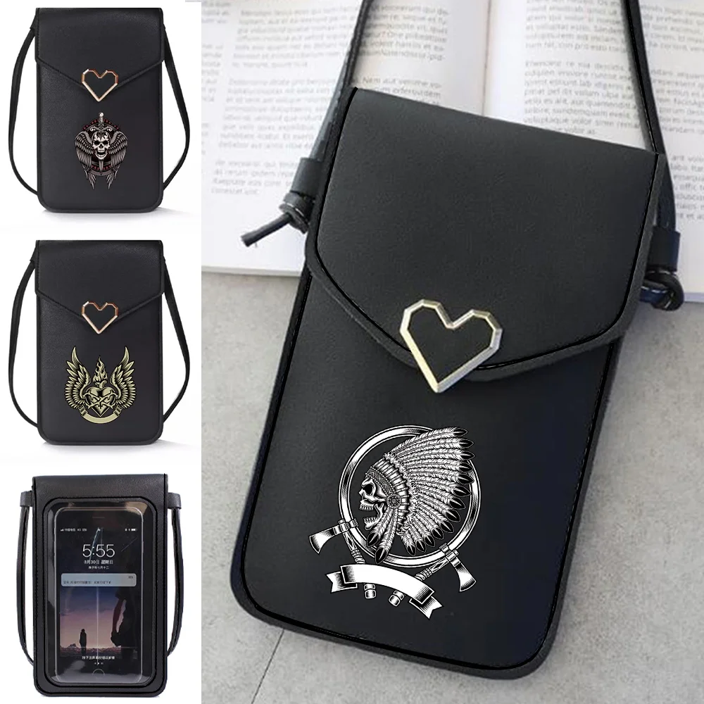 

Crossbody Bag Touch Screen Mini Mobile Phone Bags Pu Leather Wallets Skull Print Shoulder Bag Small Cell Phone Packet Handbags