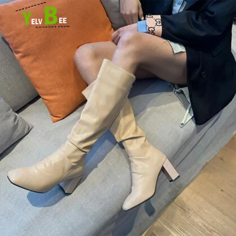 

Fashion Chunky Pumps Square Toe Knee High Goth Women Boots Shoes Winter Warm Sexy Dress Patent Leather High Heels Long Botas