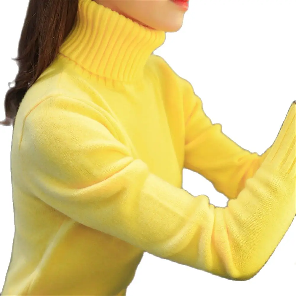 

Knitted High Neck Pullovers Turtleneck Long Sleeve Solid Color Slim Elastic Sweater Yellow Autumn Winter Womens Stretch Thick