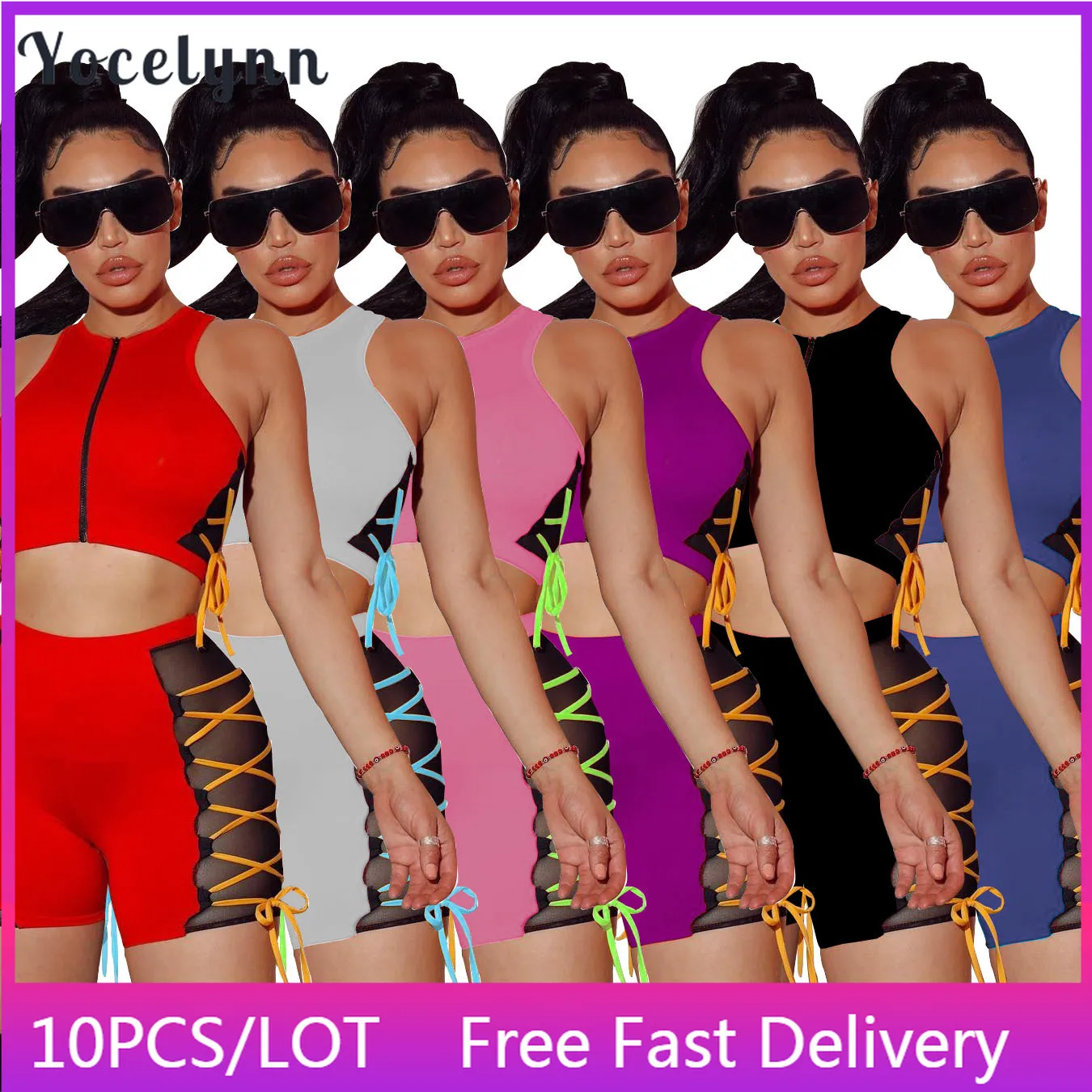 

10PCS Bulk Items Wholesale Lots Summer Two Piece Set Sexy Sleeveless Zipper Up Tank Tops and Mesh Pants Night Club Outfits 2022