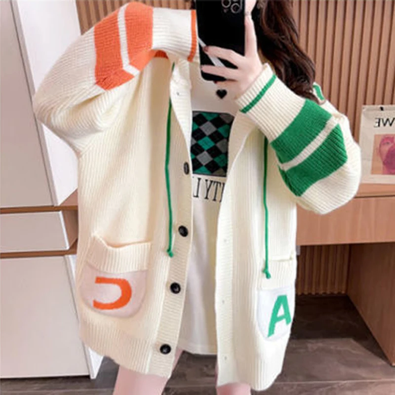 

DAYIFUN Korean Loose Sweaters Oversized Female Knitted Cardigan Spring Autumn Fashion Hooded Knitwear Femme Casual Sweater Coats