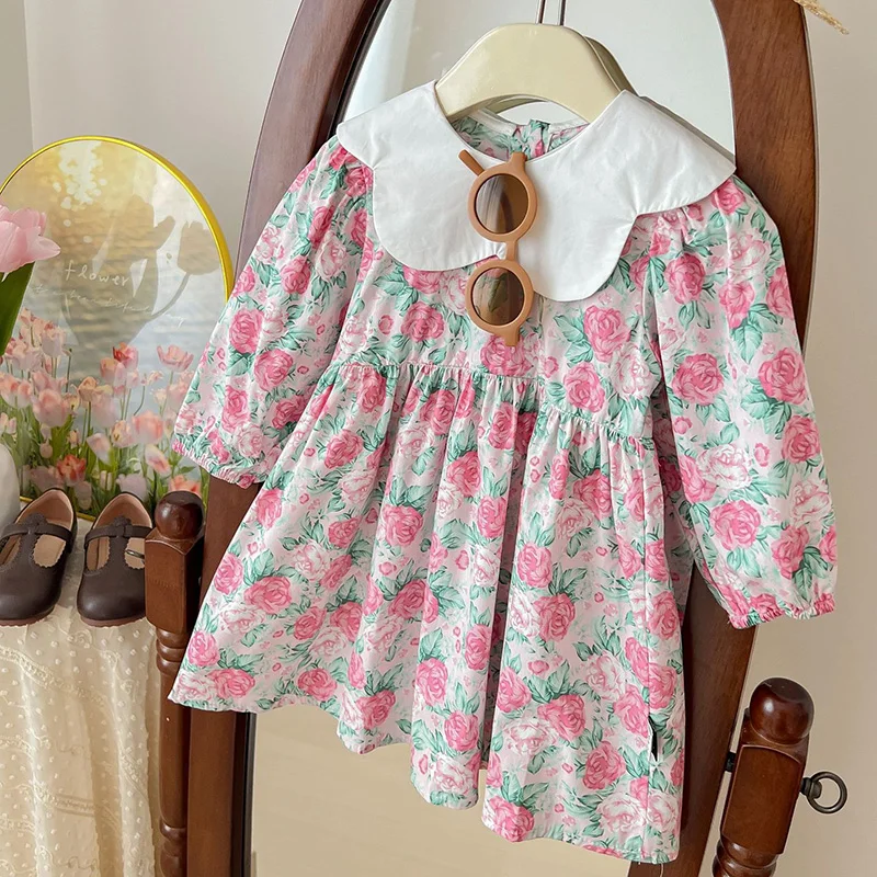 

New Summer Baby Clothes Baby Long Sleeve Floral Lapel Dress Children Clothing Princess Vestidos Thin Baby Girl Kids Dress 1-8Y