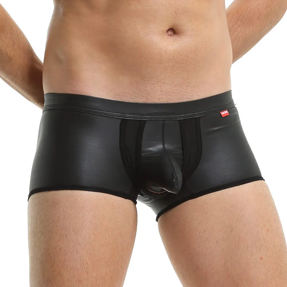 

Men Sexy Faux Patent Leather Wet-Look Boxer Briefs Cock Long Sheath Erotic Boxer Shorts Stretch Underwear Low Waist Swimwear