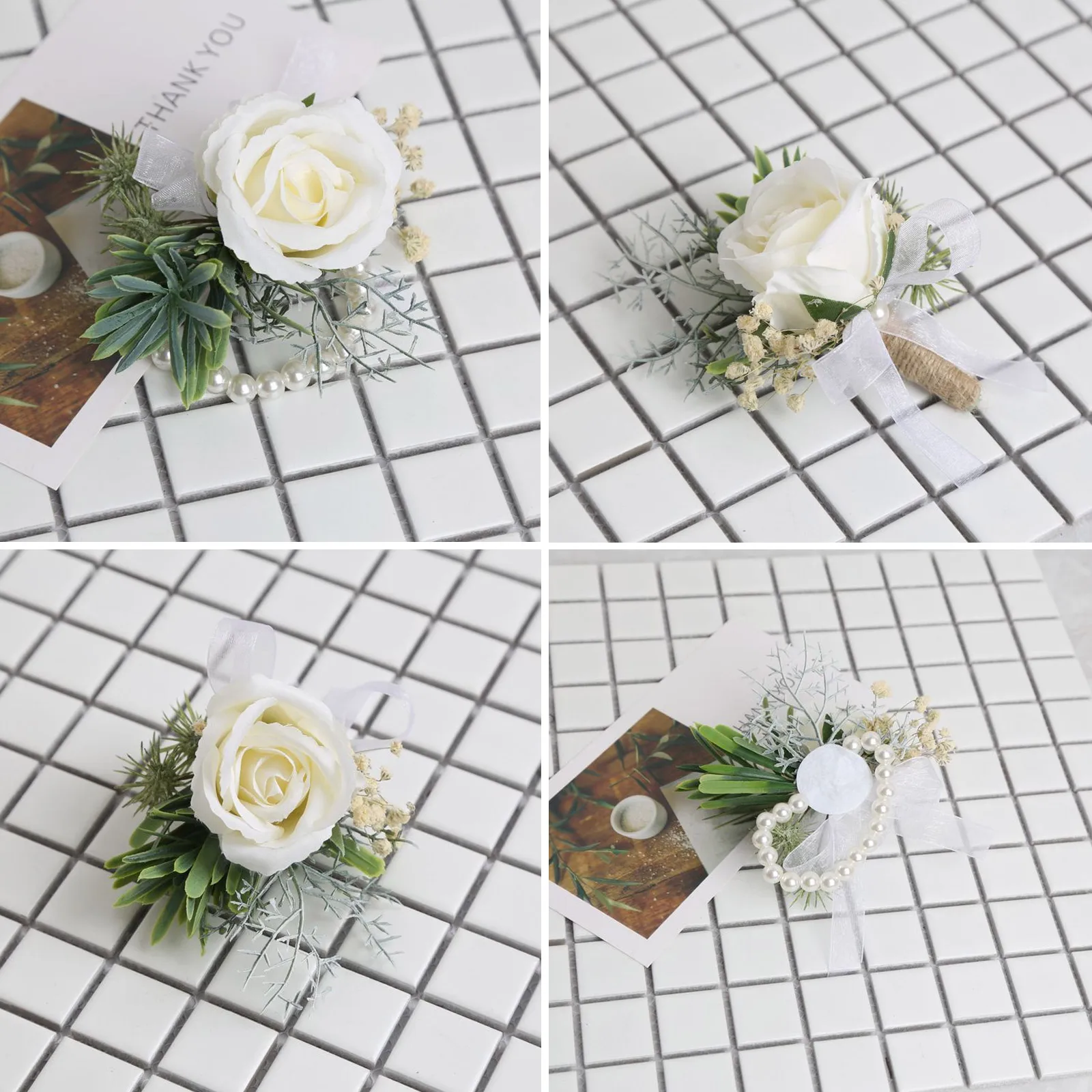 

White Silk Roses Corsages Boutonnieres Wedding Decoration Marriage Rose Wrist Corsage Pin Boutonniere Flowers For Guests