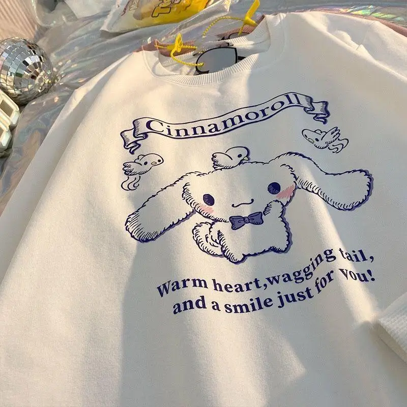 

Sanrio Cinnamoroll Kawaii Girl Heart Thin White Hoodie Girls Blouse Students Undergarment Girls New Loose and Versatile
