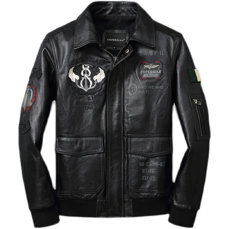 

Мотоциклетные кожаные куртки с вышивкой, Мужская летная куртка из 100% натуральной воловьей кожи, модная мужская одежда, черный цвет