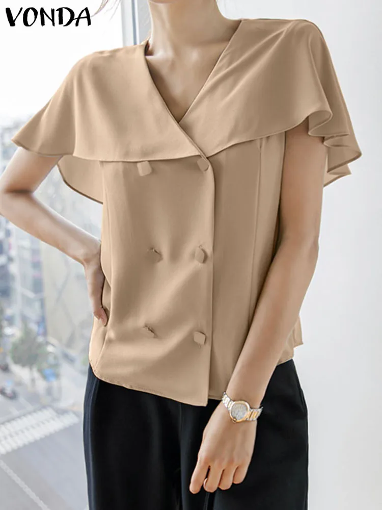 

VONDA Summer Elegant Shirts Women Blouse 2023 Fashion Short Sleeve Buttons Tunic Tops Casual Solid Color OL Blusas Femininas
