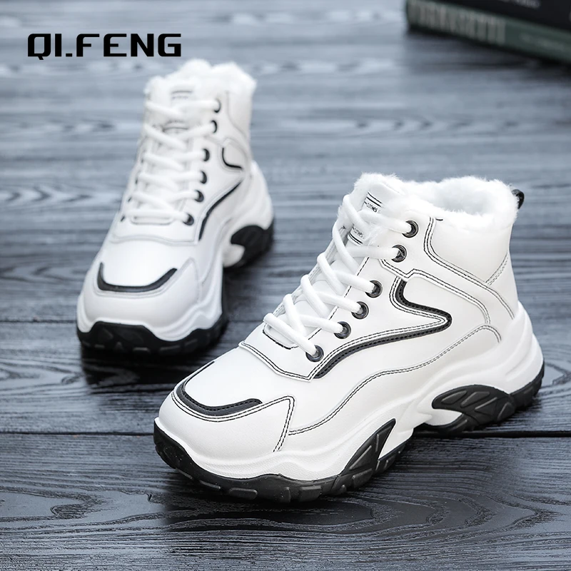 New Popular Versatile High Top Thick Sole Plush Shoes Student Warm Women's Fashion Footwear Winter White Leather Sneaker 35-40