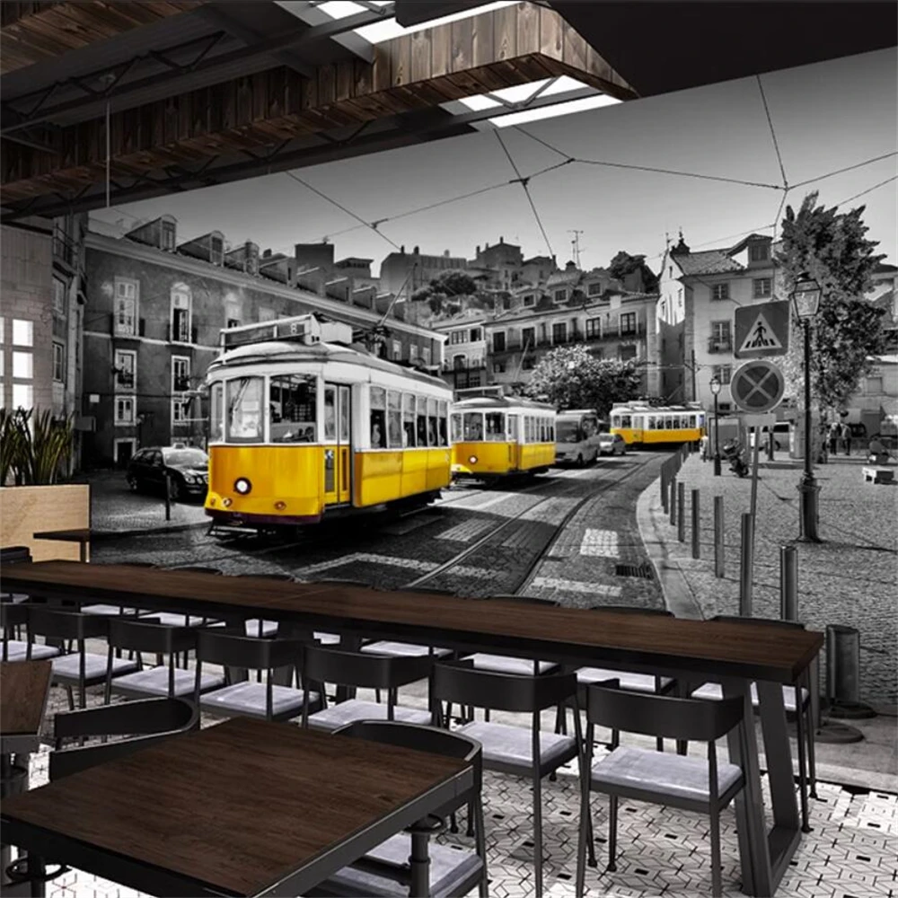 Пользовательские Ретро Европейская Улица Желтый Автобус обои 3D Украшение КТВ