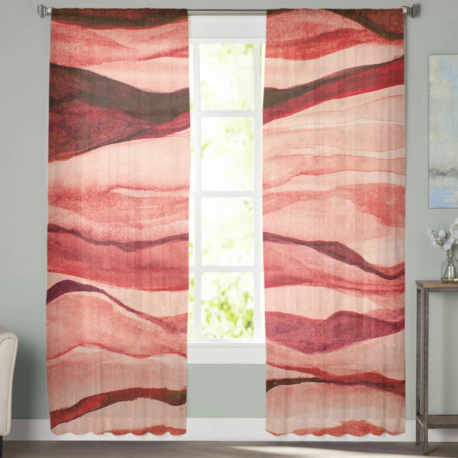 

Abstract Red Watercolor Paint Tulle Curtains For Living Room Bedroom Decoration Luxury Voile Valance Sheer Curtains For Kitchen