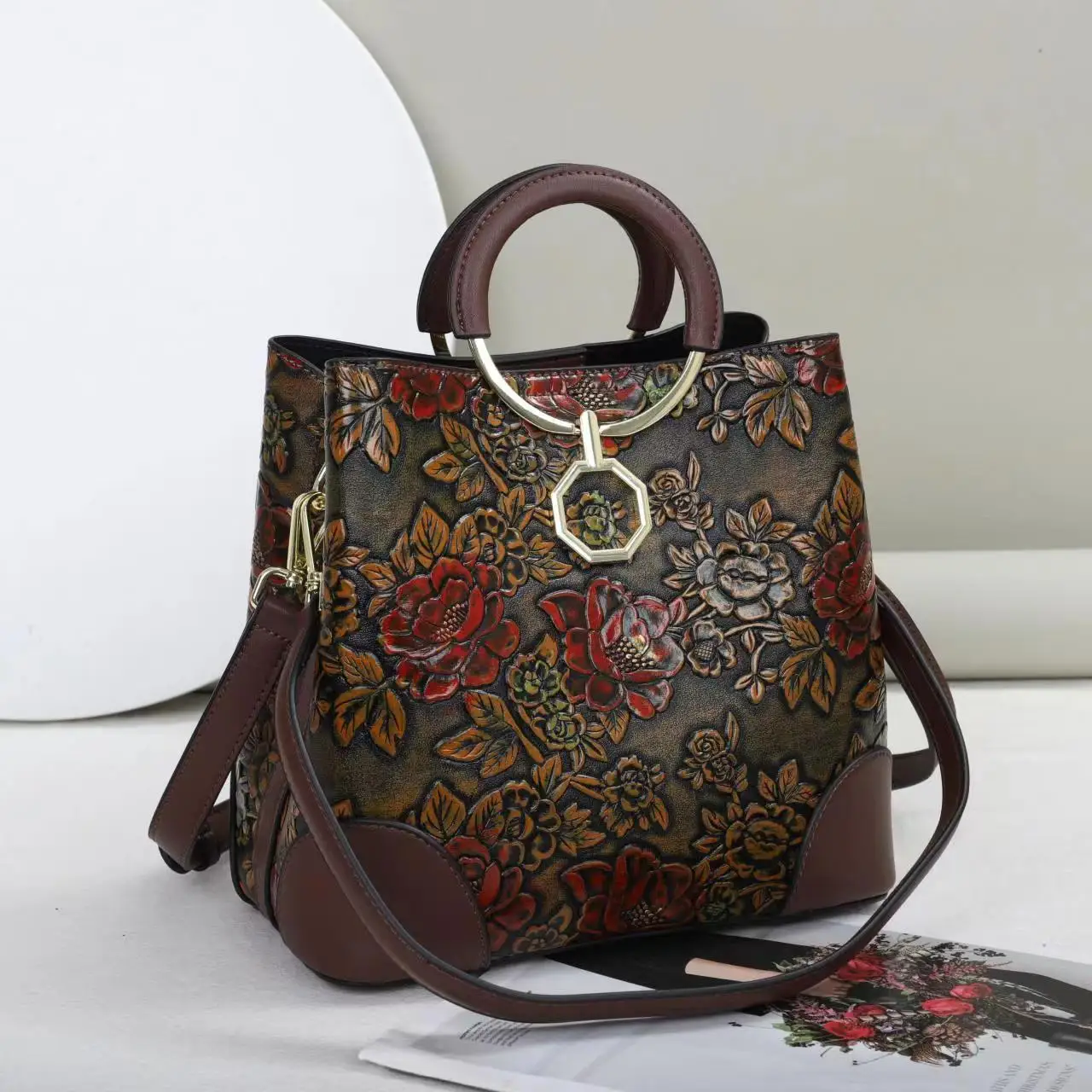

Genuine leather new carved bucket bag, peony flower blooming, rich and versatile handbag, one shoulder crossbody bag