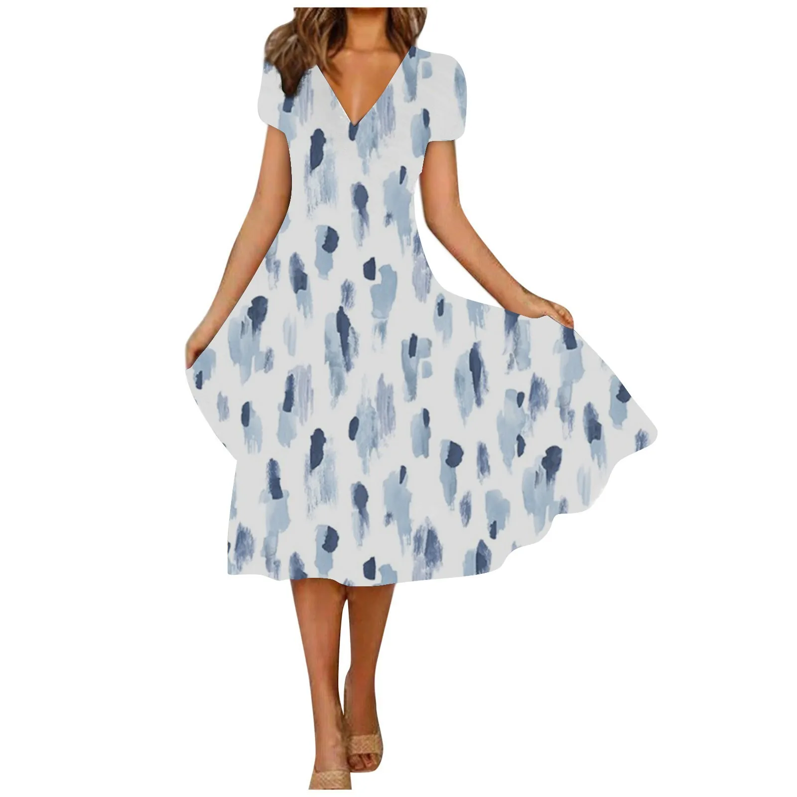 

Женское Повседневное платье-макси с принтом, свободное элегантное платье с V-образным вырезом и коротким рукавом, большие летние платья из о...