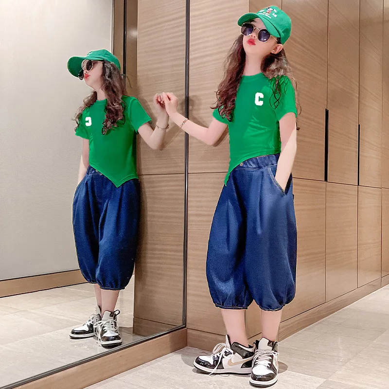 

Girls Clothing Set Summer Casual Children Short Sleeve Tracksuit Fashion Kids Tshirt Loose Jeans Suits for Girls Clothes 6 8 12