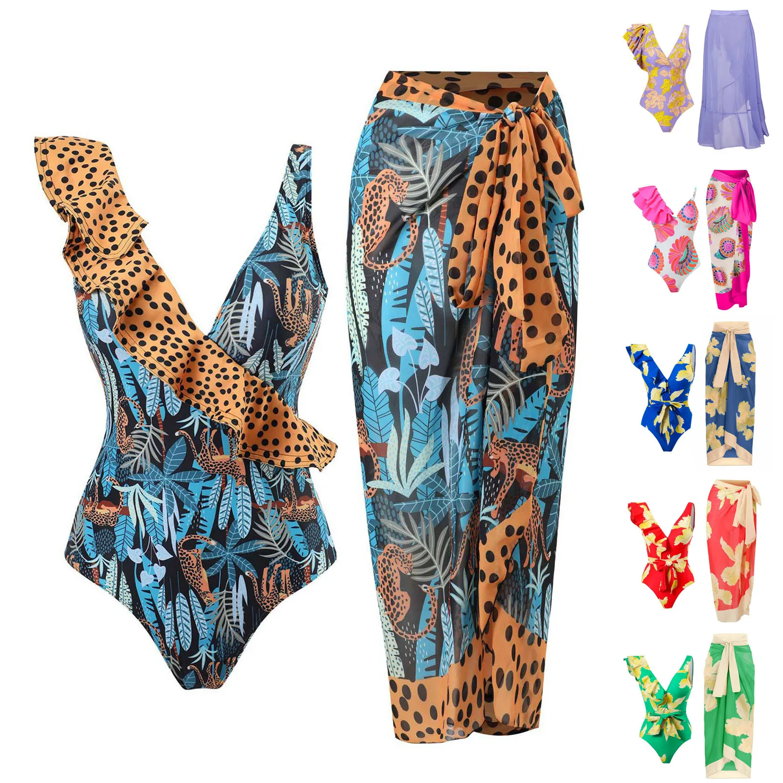 

Women 1 Piece Swimwear+1 Piece Cover UP Two Piece Vintage Print Swimsuit Monokini Bikini 2 Piece Swimsuits Two Piece Bikini Top