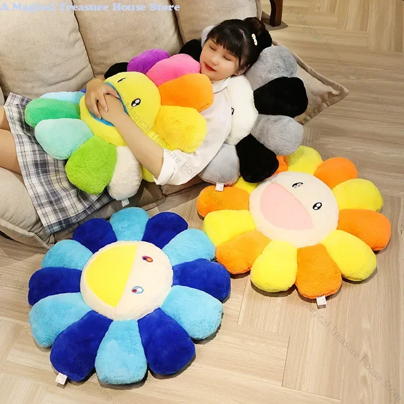 Фото Красочная плюшевая подушка-подсолнух в стиле Мураками, длинная разноцветная подушка-подсолнух, коврик для пола в виде цветка подсолнуха №3