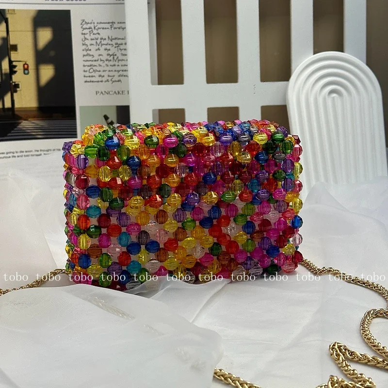 

Mixed Color Little Bead Crossbody Bags for Women Colorful Hollow Out Long Metal Chain Flap Pockets Versatile Mini Cute Box Bags