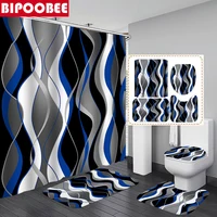 Blue Striped Geometric Wavy Shower Curtain Bathroom Curtains Set Toilet Lid Cover Bath Mat Pedestal Non-Slip Rugs Home Decor