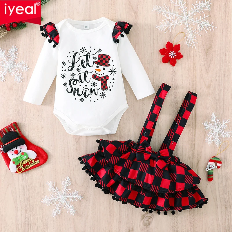 

IYEAL New Baby Girl Christmas Jumpsuit Set Children's Long Sleeve Triangle Romper + Plaid Strap Romper Dress Two-piece