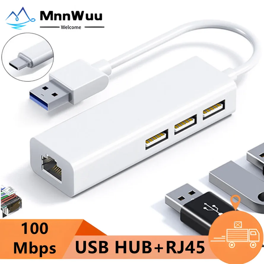 Фото USB-концентратор 3 порта USB-C HUB с портом RJ45 Сетевой адаптер Ethernet LAN 100 Мбит/с USB-RJ45 для ПК, компьютера, ноутбука, ТВ-приставки №1