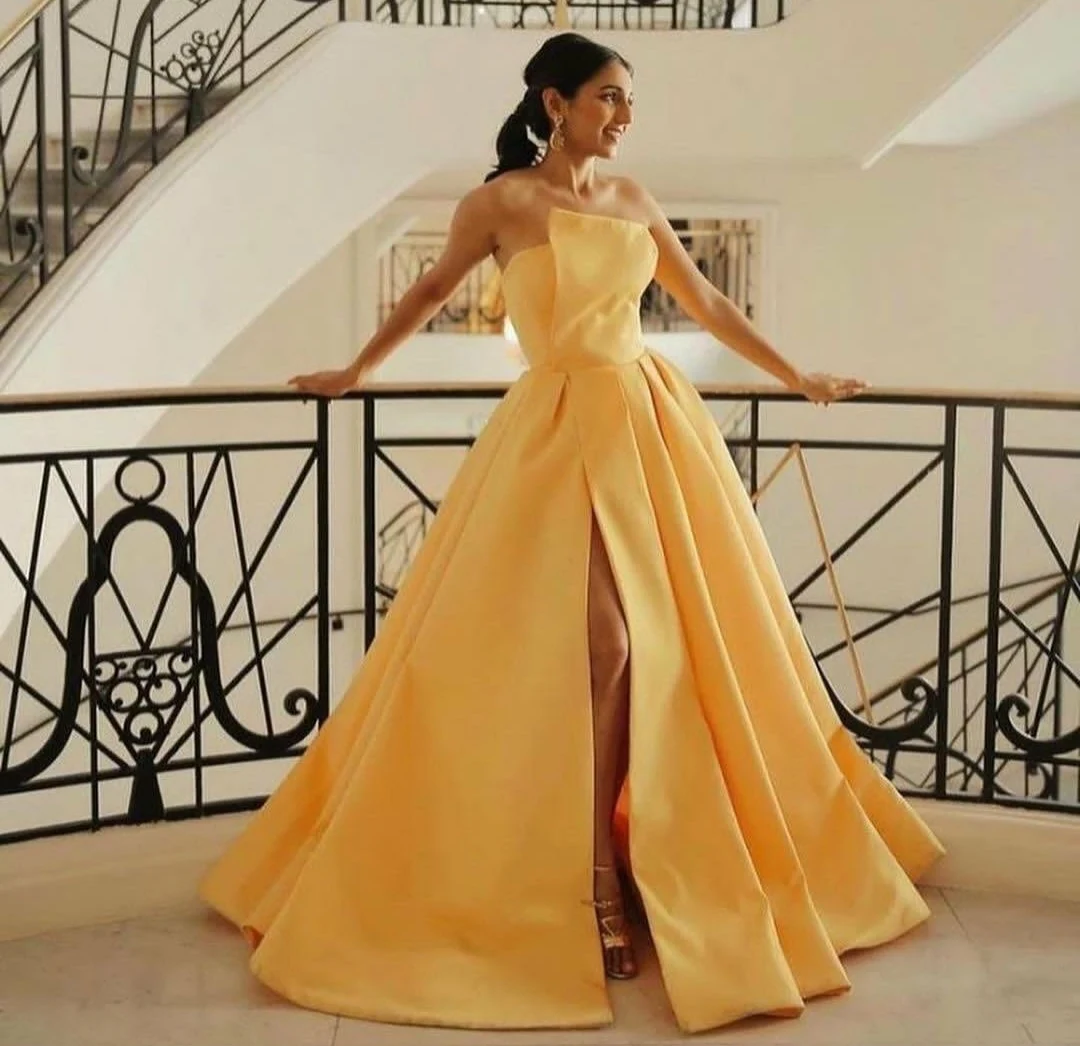 

Sexy A-Line Satin Long Strapless Evening Dresses Backless Lace Up Floor Length Slit Robe Formal Party Gown Custom Made