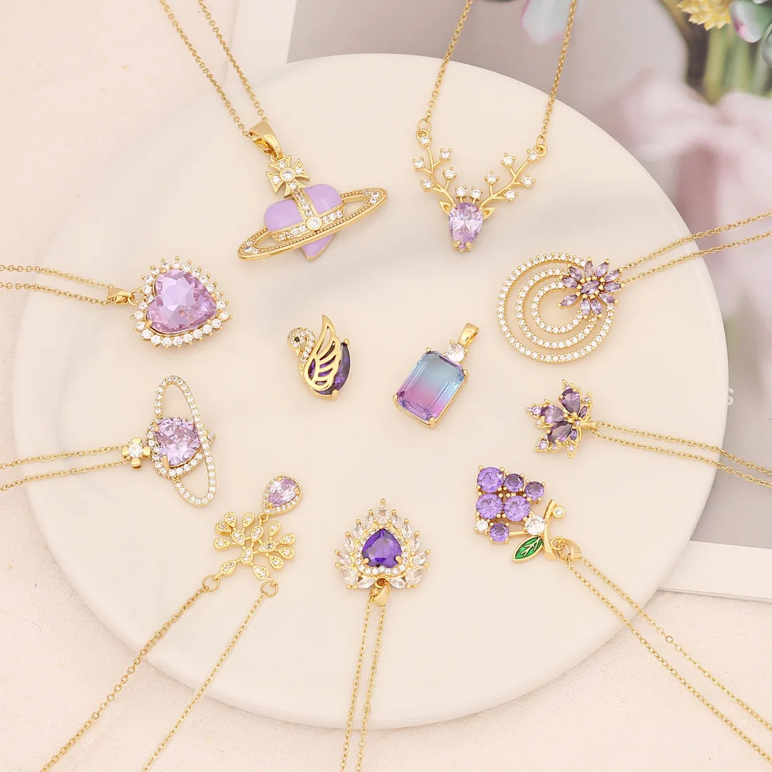 

Purple Crystal Rhinestone Necklace for Women Copper Stainless Steel Heart Swan Pendant Choker Jewelry Accessories Birthday Gift