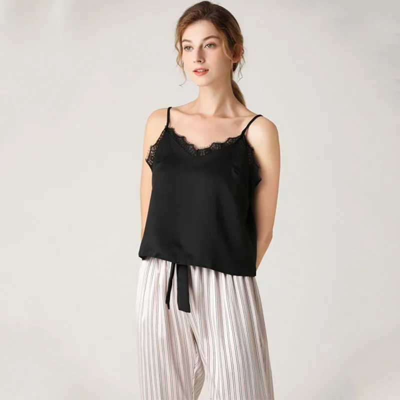 Women 2 Pieces Sleepwear Silk Sling Sleeveless Lace Black Top and Long Pants Pajamas Set