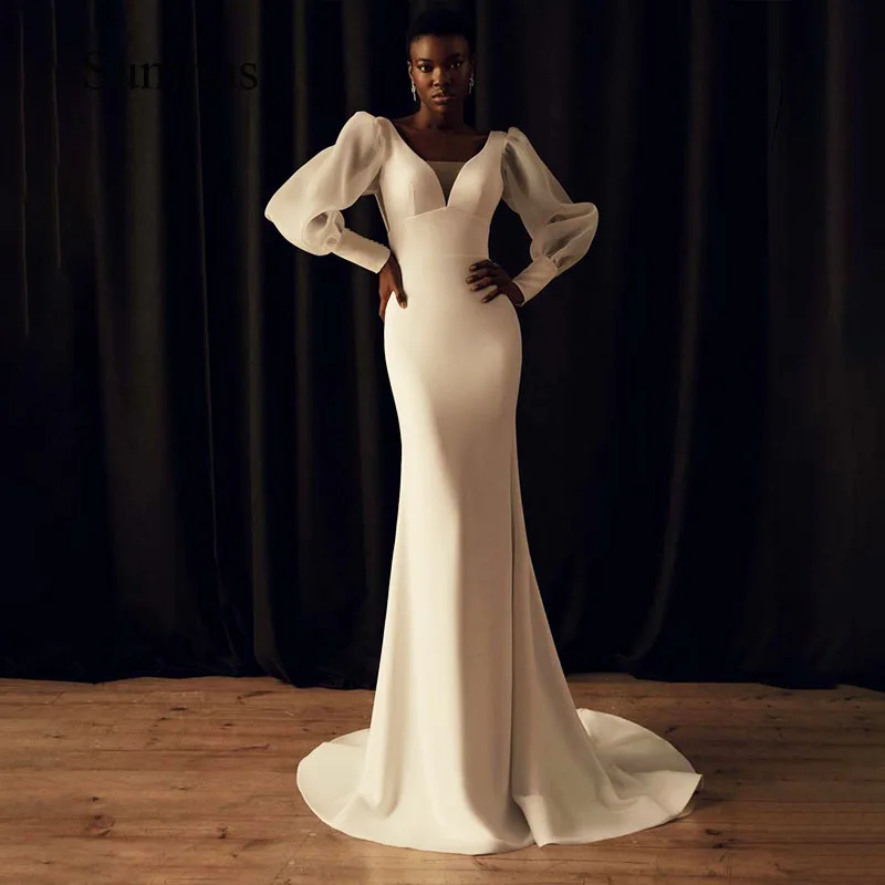 

Sumnus Satin Mermaid Wedding Dress Full Sleeve V-neck Backless Bride Gown Sweep Train Long Wedding Gowns Robe de Mariee 2022