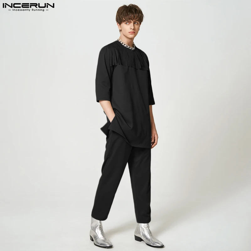 

INCERUN New Men Moslem Style Sets 3/4 Sleeve T-shirts Long Pants Fashion Male Solid Color Printing Tassels Two Piece Sets S-5XL