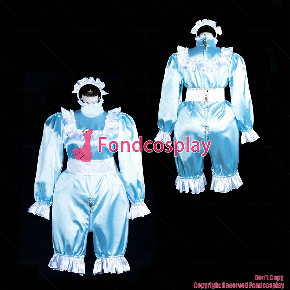 

tailor-made sexy adult dressing cross maid sissy lockable baby blue satin jumpsuits rompers dress tv/cd[g3842]
