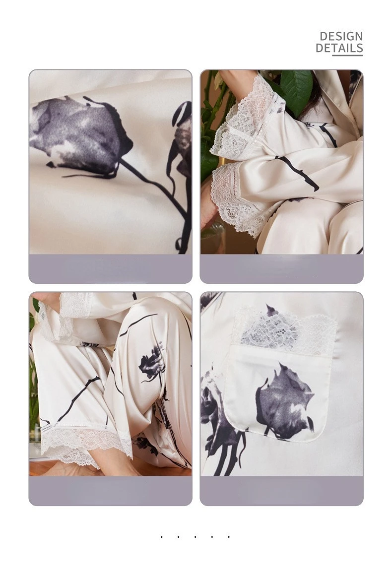 Women's 3 Piece Pajamas Set inkwash painting rose Lace Pijama Faux Silk Satin Pyjamas Female Sleepwear Long Sleeve Shirt Pants