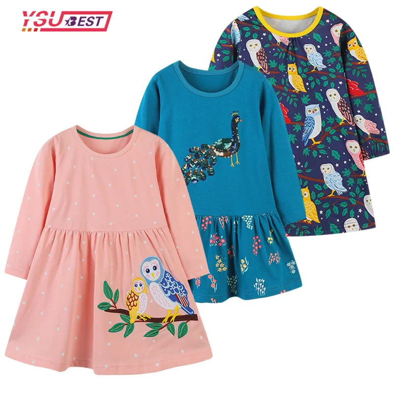 

2-8Yrs Spring Girls Dressese With Animals Owls Embroidery Fashion Party Autumn Kids Birthday Dress Cotton Gift For Girl Clothes