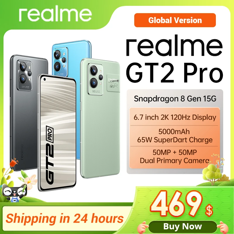 

Global Version Realme GT 2 Pro 5G Snapdragon 8 Gen 1 SONY IMX766 Camera 6.7"120Hz 2K Display 65W SuperDart 5000mAh