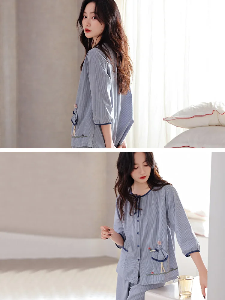 Женские пижамы из тканого хлопка на весну и осень с рукавами 3/4 домашняя одежда