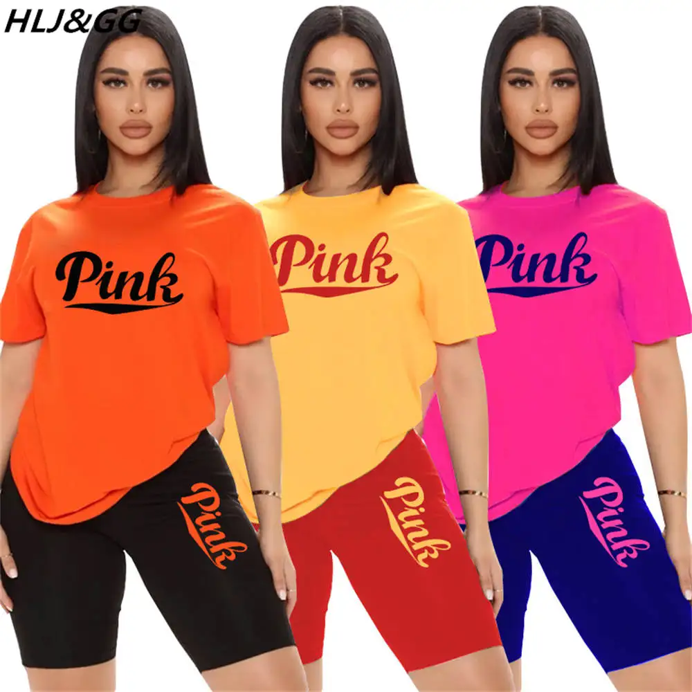 

HLJ&GG Casual Sports Two Piece Sets Women PINK Letter Print Round Neck Tshirt+Biker Shorts Tracksuits Summer Female 2pcs Outfits