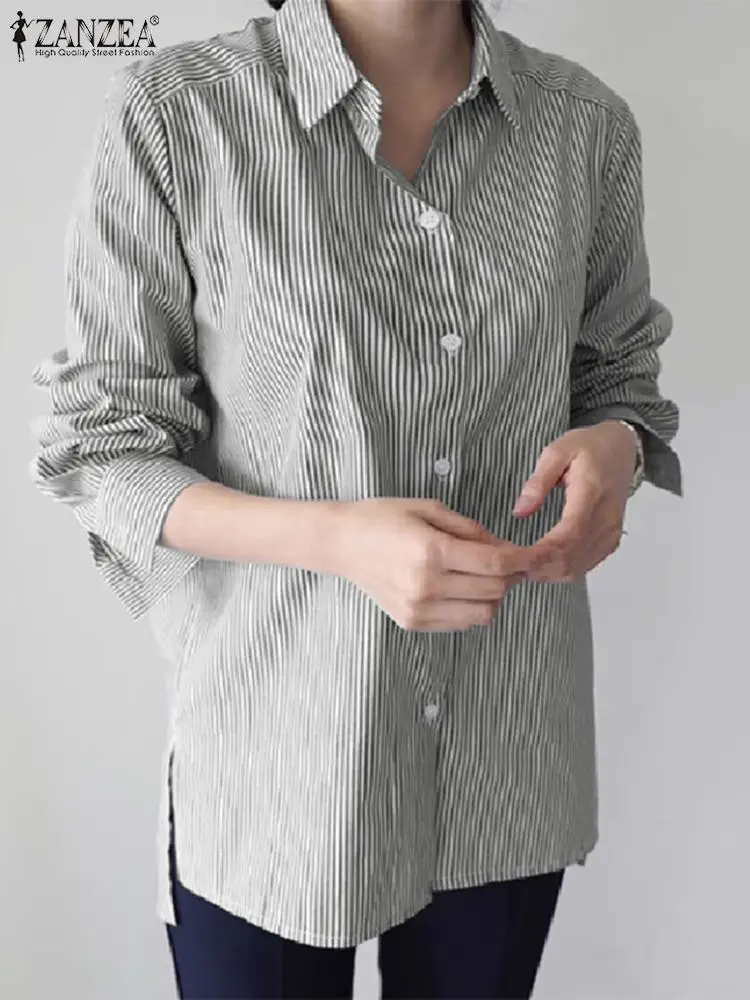 

Женская модная туника, топы, осенняя рубашка с длинным рукавом и отворотом, офисная блузка ZANZEA в полоску, элегантные блузы на пуговицах, женская рубашка