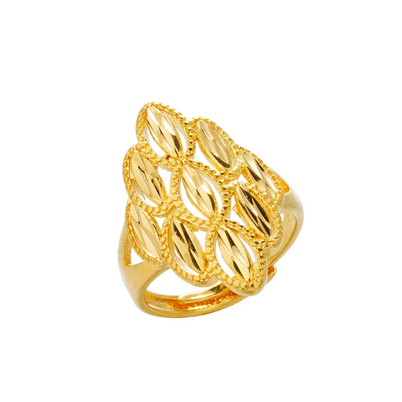 

Vamoosy 24K Gold Rhombus Engraving Big Hollow Opening Flower Rings for Woman Engagement Party Statement Charm Wedding Jewelry