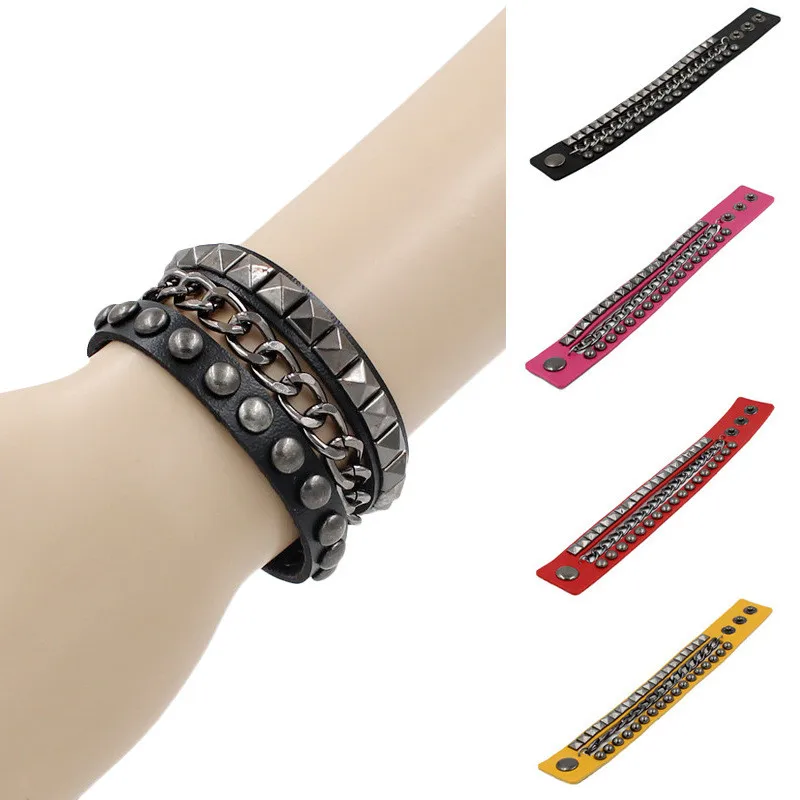 

New Gothic Unisex Women Punk One-row Spike Rivet Bracelet Cone Black Leather Cuff Large Size Wristband Bracelets & Bangles