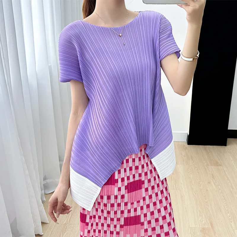 

Miyake Irregular Color Matching Top Women Summer Short Sleeve 2023 New Pleated Large Size Round Neck T-shirt Loose All-Matching